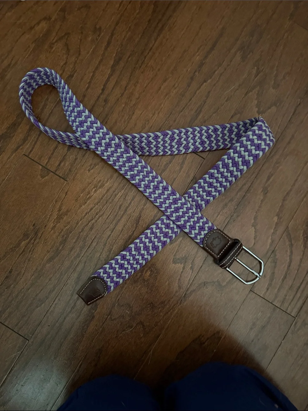 Purple and White Braided Stretch Belt with Brown Leather Trim